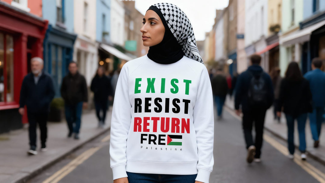 Woman in a white Exist Resist Return sweatshirt on a colourful street in Notting Hill, London