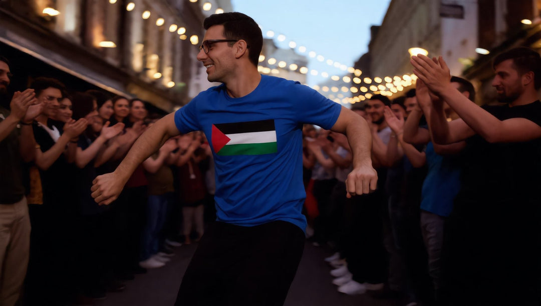 Man dancing dabke in a Palestine flag t-shirt at a street festival in London