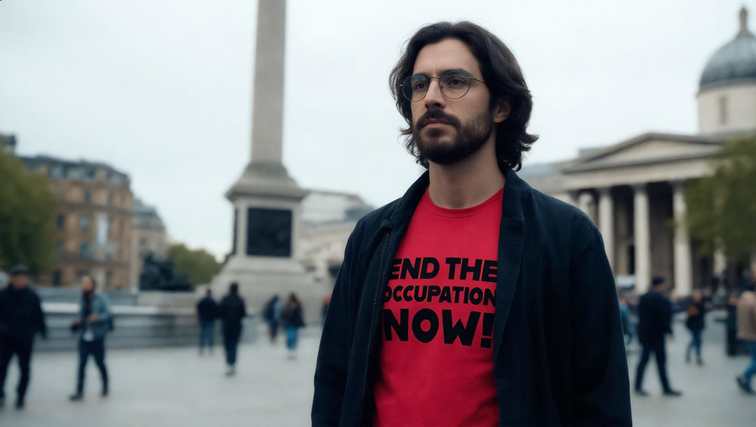 Man in an End the Occupation Now t-shirt at Trafalgar Square, London
