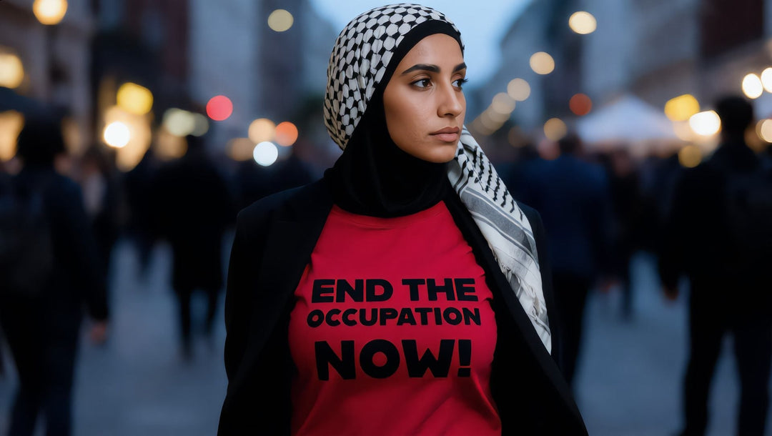 Woman in an End the Occupation Now t-shirt at Leicester Square, London at dusk