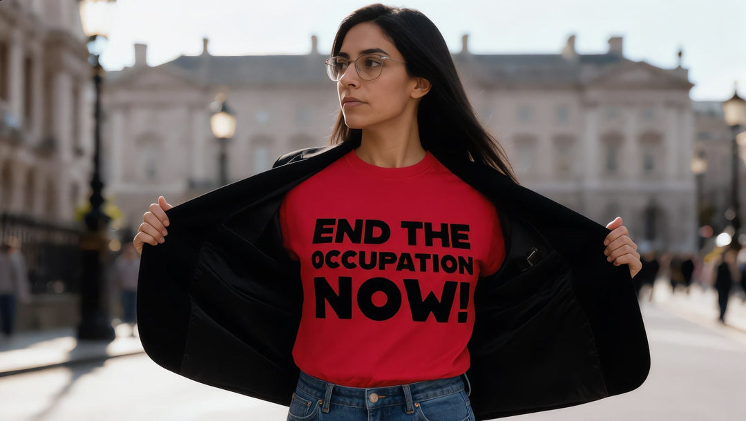 Woman in an End the Occupation Now t-shirt on the Strand near Somerset House, London