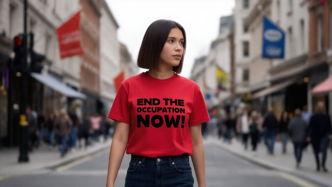 Woman in an End the Occupation Now t-shirt on Victoria Street, Westminster
