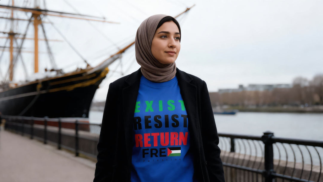 Woman in an Exist Resist Return t-shirt by the Thames in Greenwich, London