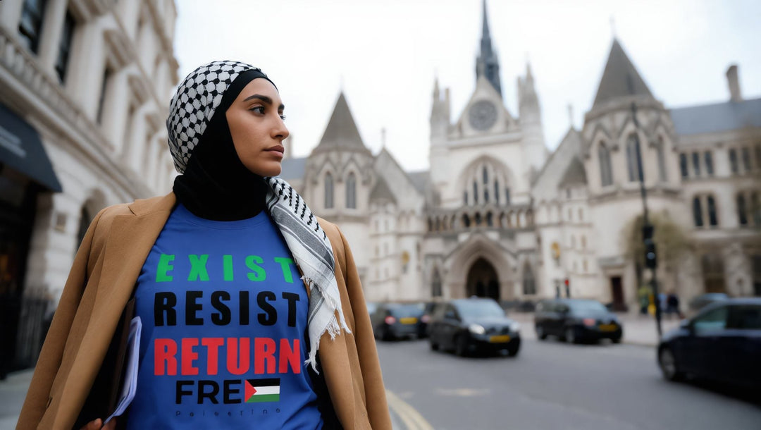 Woman in an Exist Resist Return t-shirt with documents opposite the Royal Courts of Justice, London