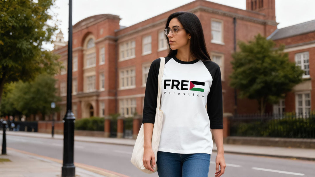 Woman in a FREE Palestine raglan shirt walking past a university building in London