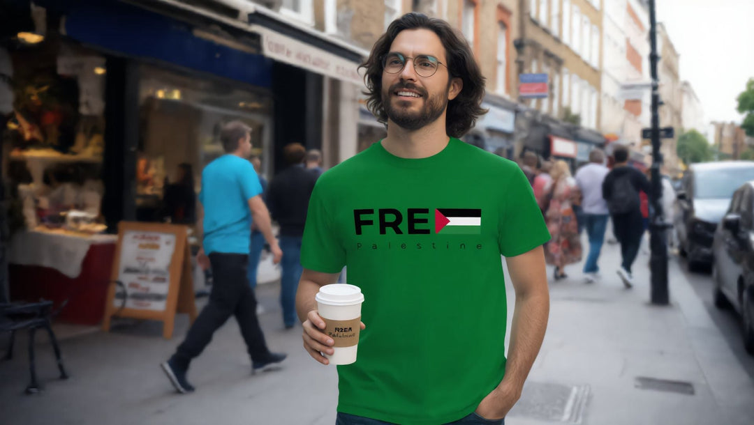 Man in a green Free Palestine t-shirt with a coffee on Camden High Street, London