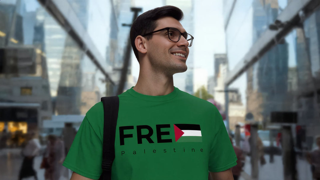Man in a green Free Palestine t-shirt at Canary Wharf, London