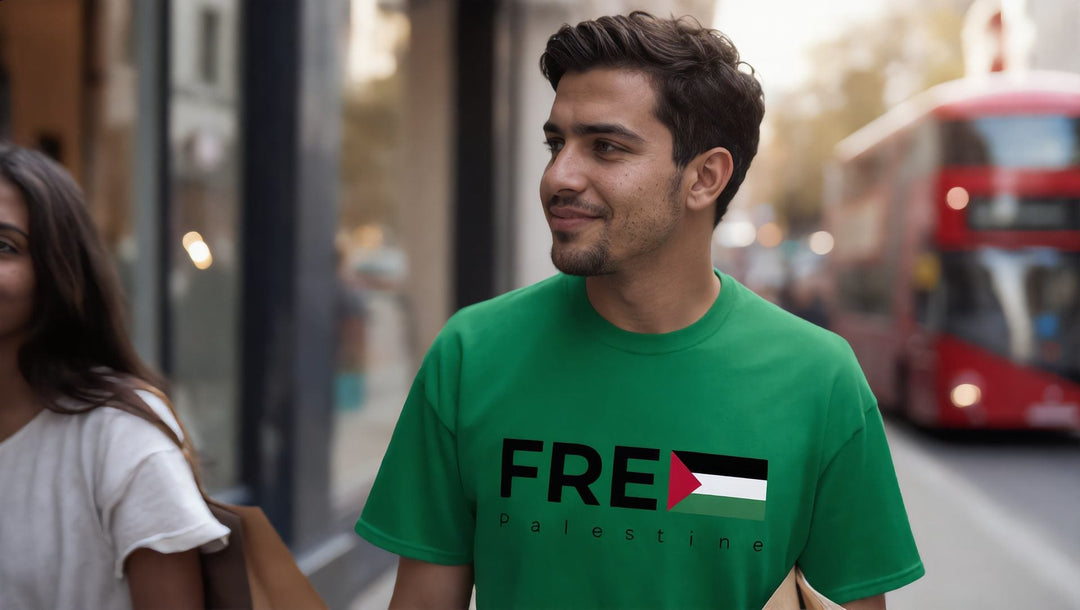 Man in a green Free Palestine t-shirt shopping on Oxford Street, London