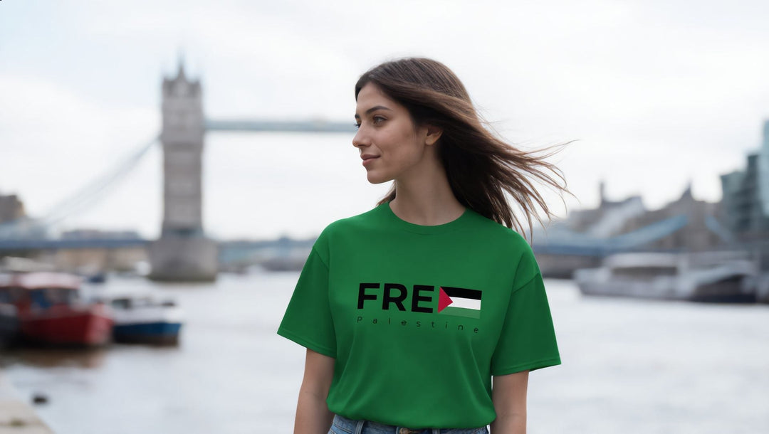 Woman in a green Free Palestine t-shirt at St Katharine Docks near Tower Bridge