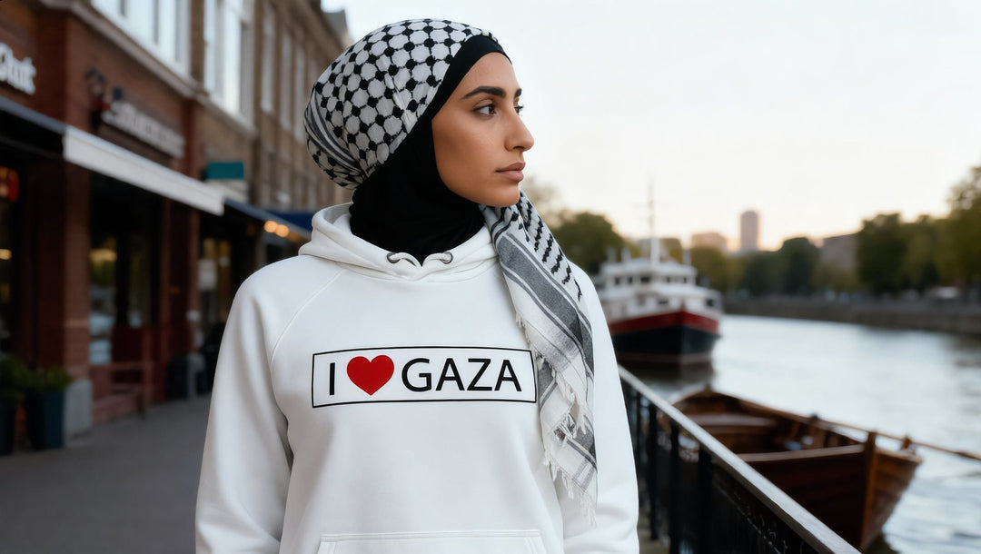 Woman in an I Love Gaza hoodie on the Putney Embankment by the Thames