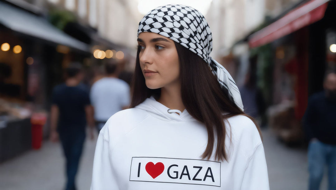 Woman in an I Love Gaza hoodie on Rye Lane, Peckham, London
