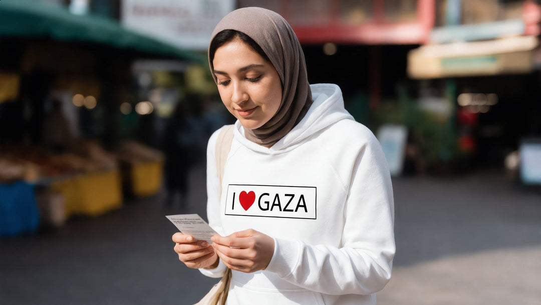 Woman in an I Love Gaza hoodie shopping at Spitalfields Market, London