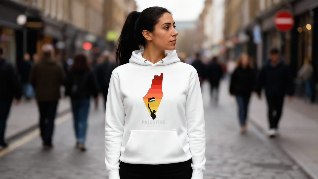 Woman in a white Palestine Map hoodie on a cobbled street near Borough, London