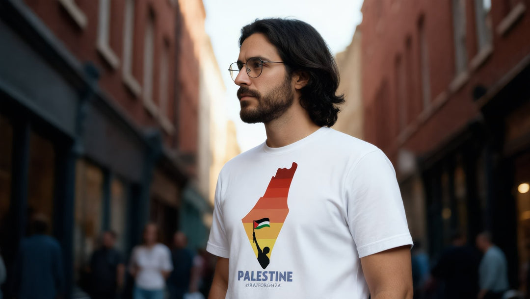 Man in a Palestine map t-shirt on a historic street in Spitalfields, London