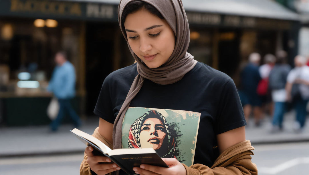 Woman reading poetry outside a bookshop on Charing Cross Road, London, in a Palestine Hope t-shirt