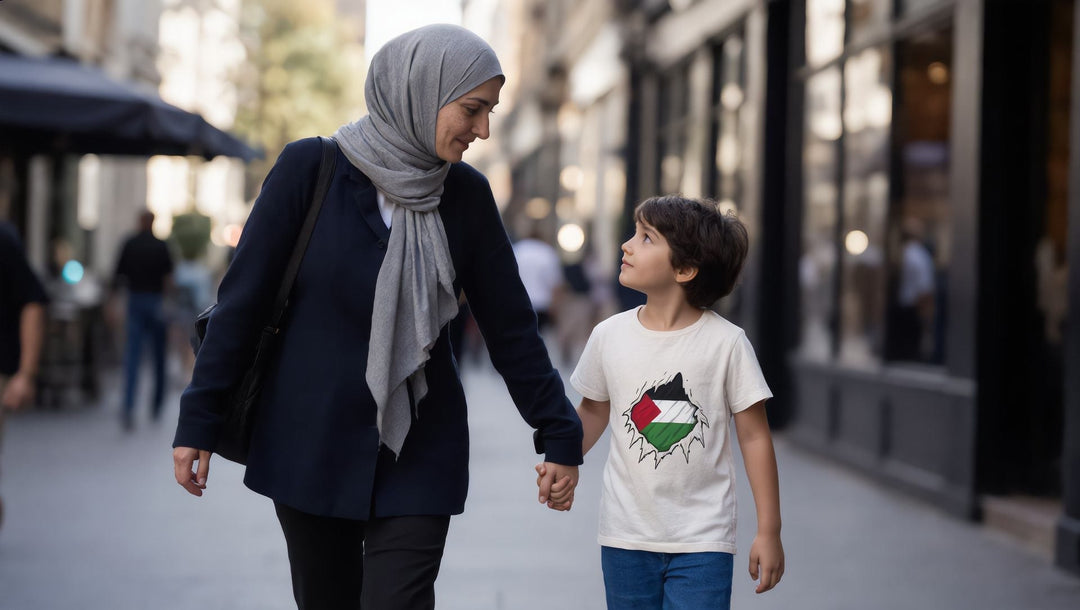 Mother talking with her child in a Palestine Hero kids t-shirt on Upper Street, Islington, London