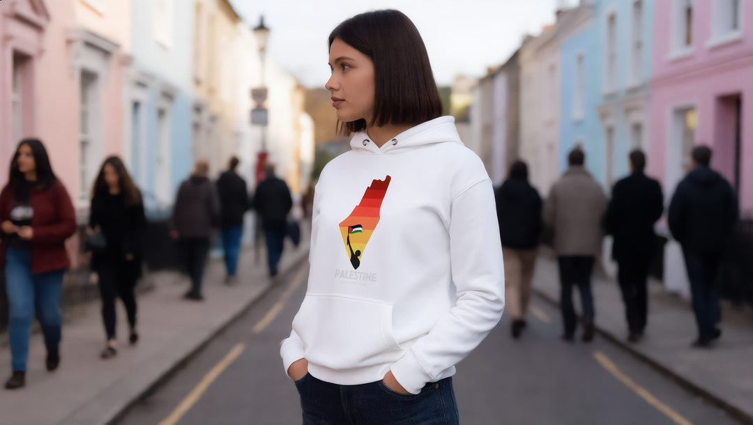 Woman in a white Palestine map hoodie on a street of pastel houses in Primrose Hill, London