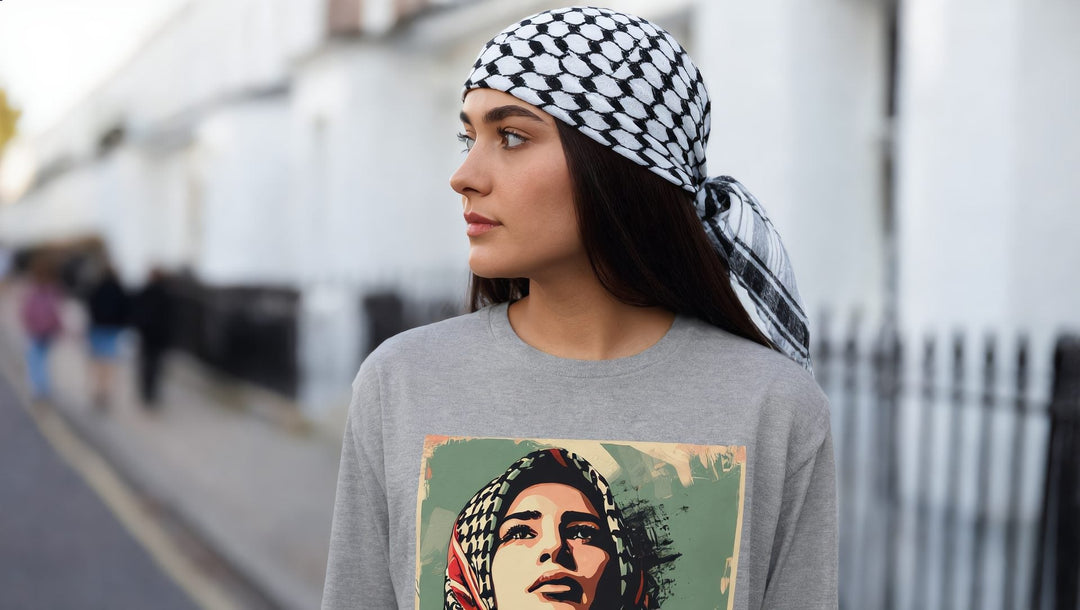 Woman in a grey Palestine Hope poster-art long sleeve tee on a street in South Kensington, London