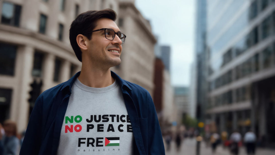 Man in a No Justice No Peace t-shirt on Kingsway, Holborn