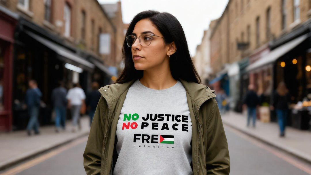 Woman in a No Justice No Peace t-shirt on Bermondsey Street, London