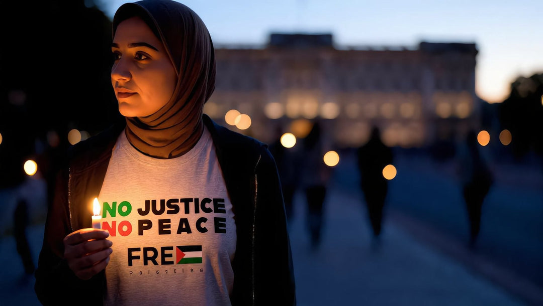 Woman in a No Justice No Peace t-shirt holding a candle on Whitehall, London at dusk