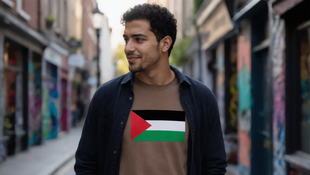 Man in a Palestine Flag t-shirt on Brick Lane, Shoreditch, London