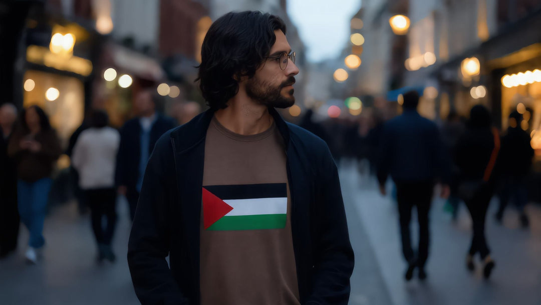 Man in a Palestine Flag t-shirt walking with football fans on match day in London