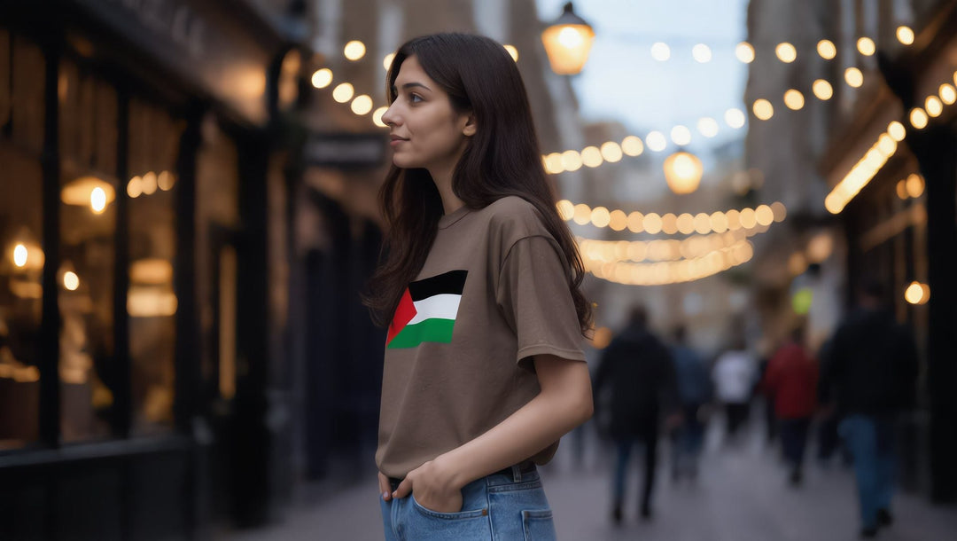 Woman in a Palestine Flag t-shirt on Old Compton Street, Soho in the evening