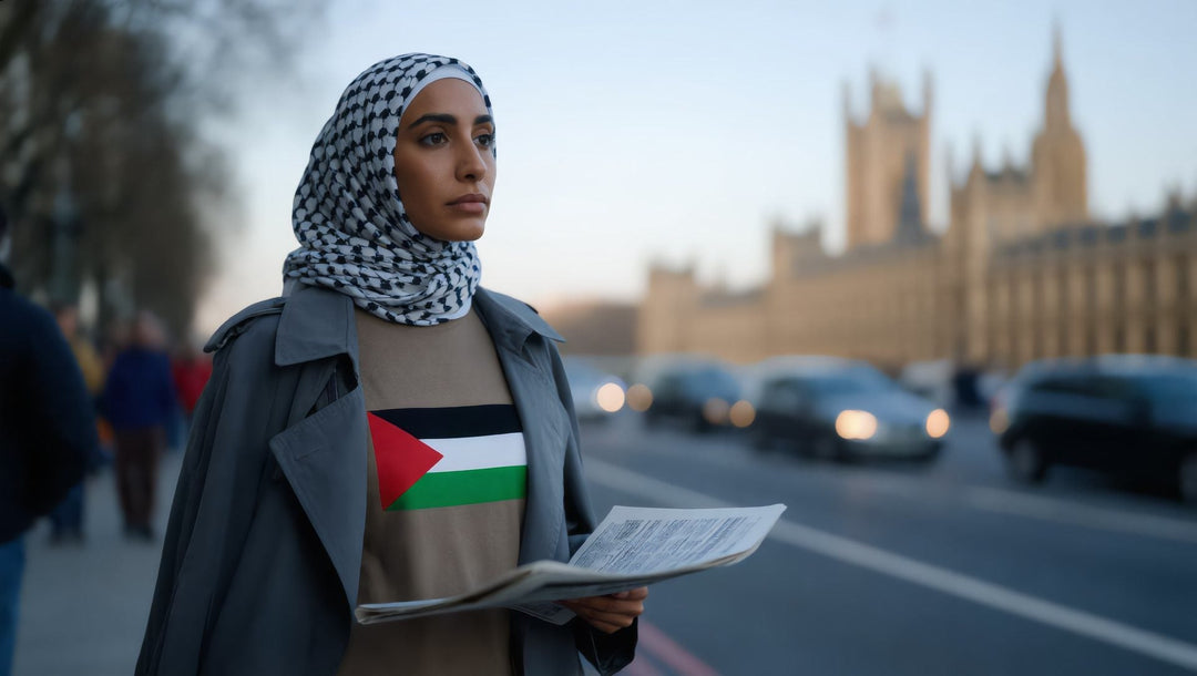 Woman in a Palestine Flag t-shirt on Parliament Street, Westminster