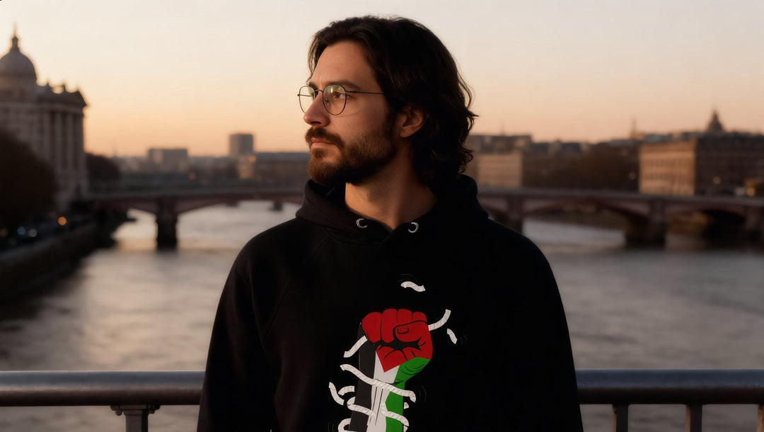 Man in a Palestine Hand hoodie on Waterloo Bridge at dusk, London