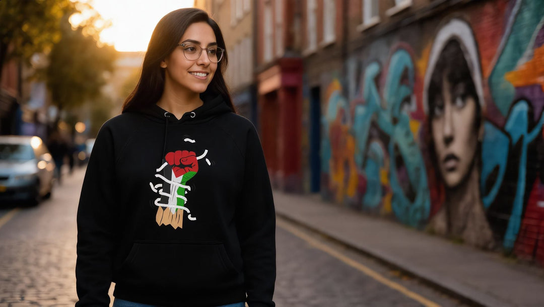 Woman in a Palestine Hand hoodie walking past a mural in Brixton, London