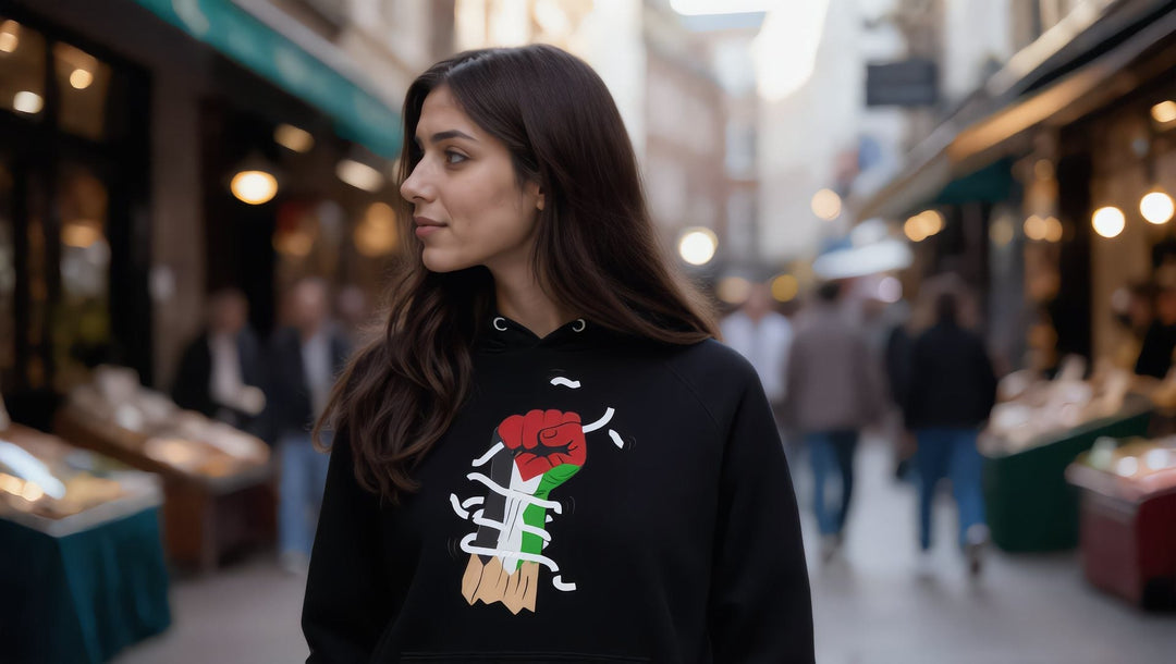 Woman in a Palestine Hand hoodie at Seven Dials, Covent Garden, London