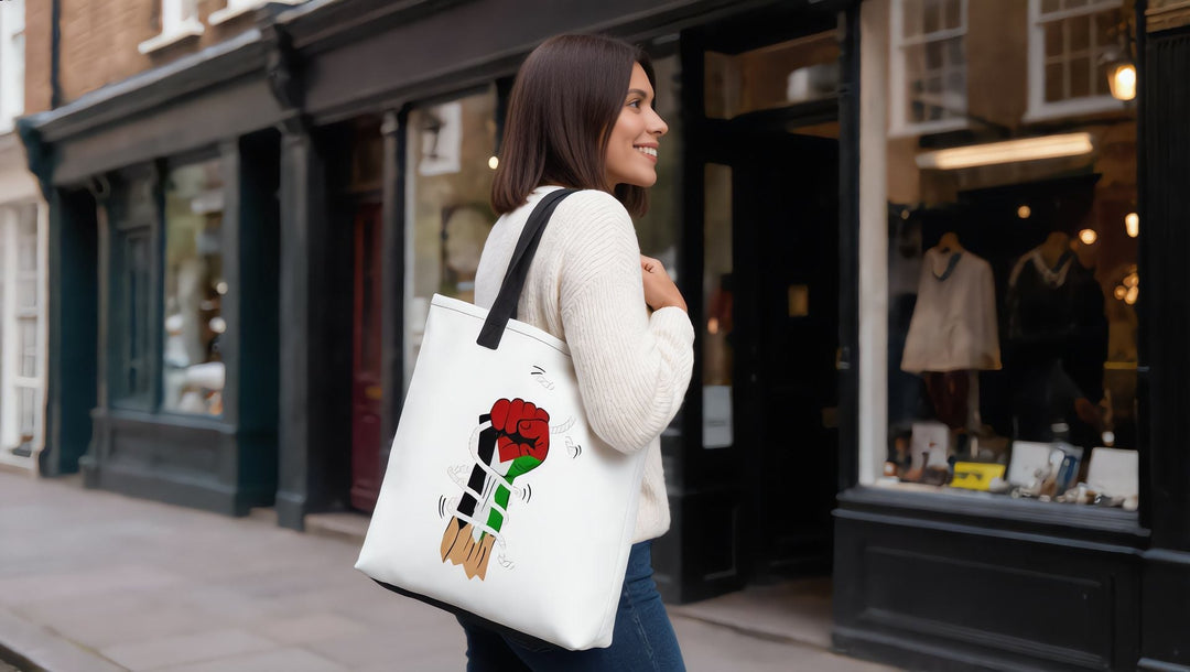 Woman carrying a Palestine Hand tote bag past shop windows on a London high street