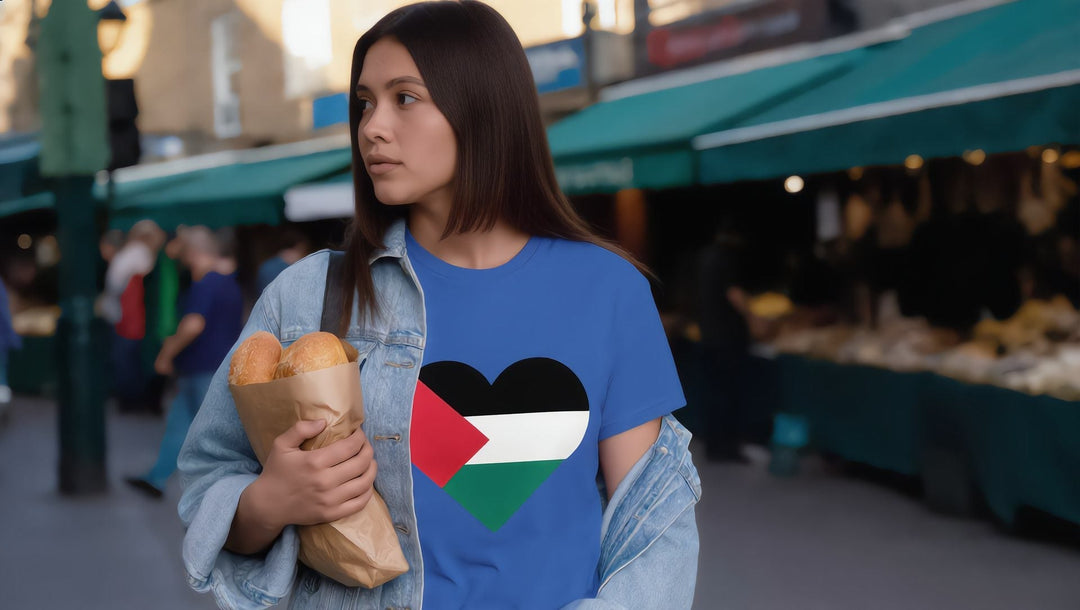 Woman in a Palestine Heart t-shirt at Borough Market, London