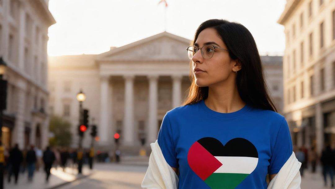 Woman in a Palestine Heart t-shirt on King Charles Street, Westminster