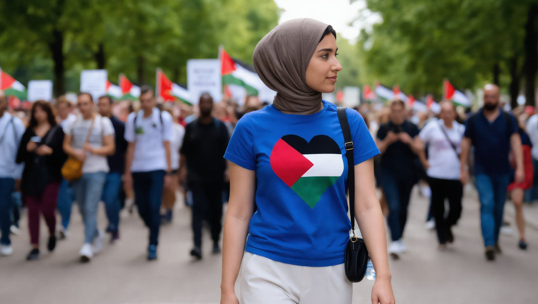 Woman in a Palestine Heart t-shirt at a summer march on Park Lane, London