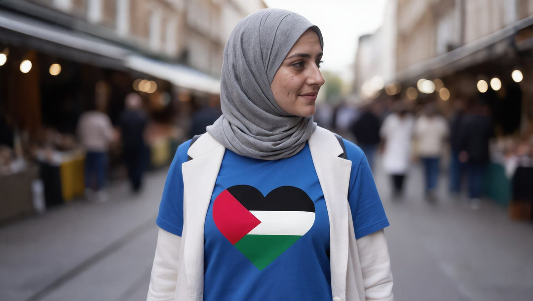 Woman in a Palestine Heart t-shirt on Walthamstow High Street, London