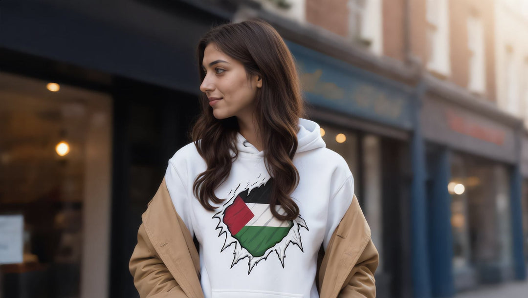 Woman in a white Palestine Hero hoodie on Upper Street, Islington, London