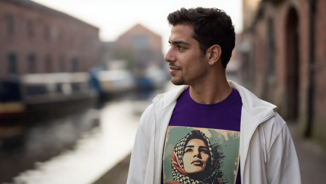 Man in a Palestine Hope t-shirt at Limehouse Basin, East London