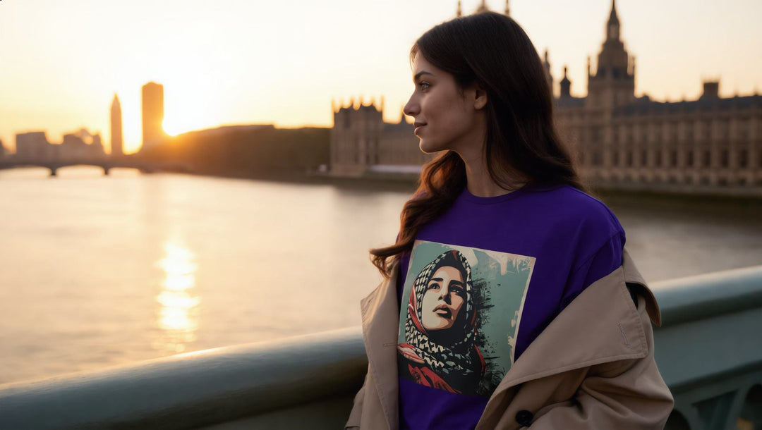 Woman in a Palestine Hope t-shirt on the Albert Embankment at sunrise