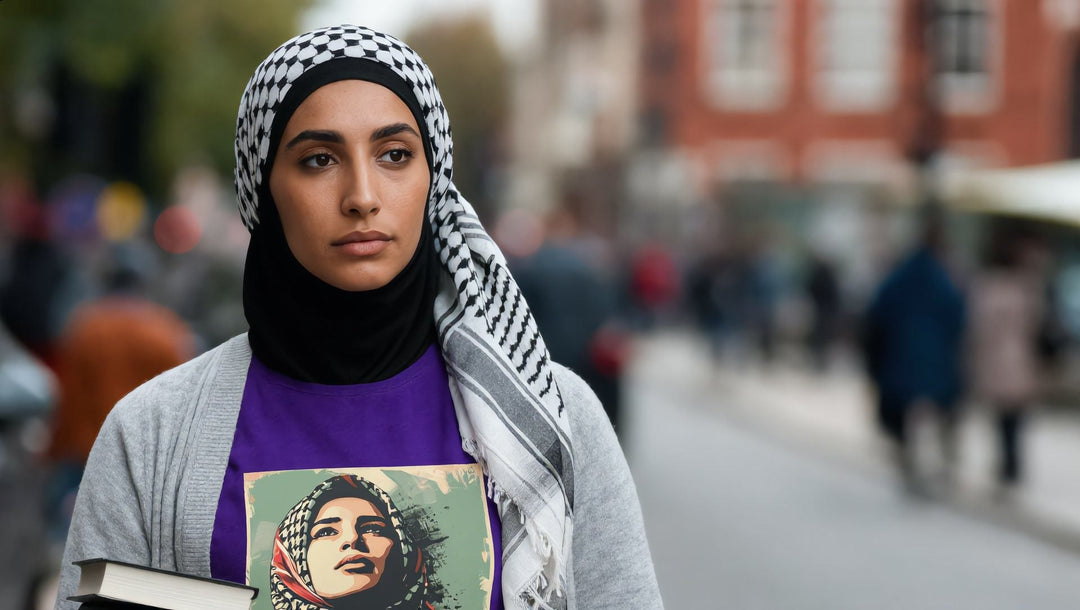 Woman in a Palestine Hope t-shirt carrying books outside the British Library, London