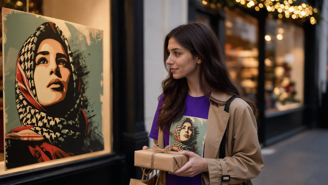 Woman in a Palestine Hope t-shirt carrying gifts on Regent Street, London