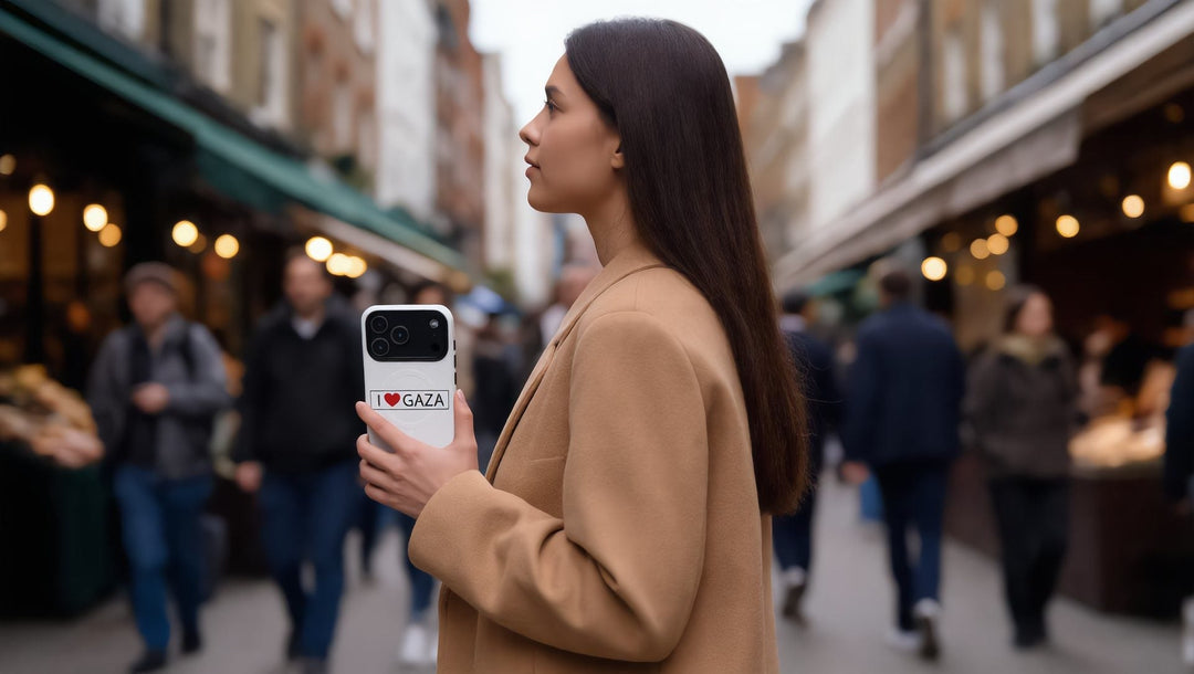 Woman holding an iPhone 18 Pro Max in an I Love Gaza Palestine case in Covent Garden, London