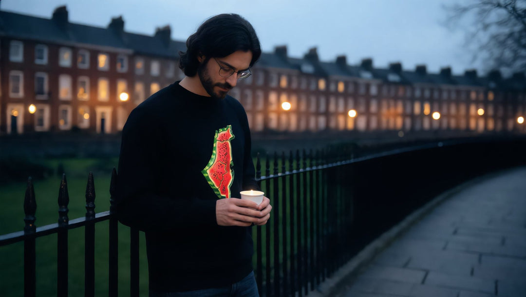 Man in a Palestine Watermelon sweatshirt holding a candle on a London pavement at dusk