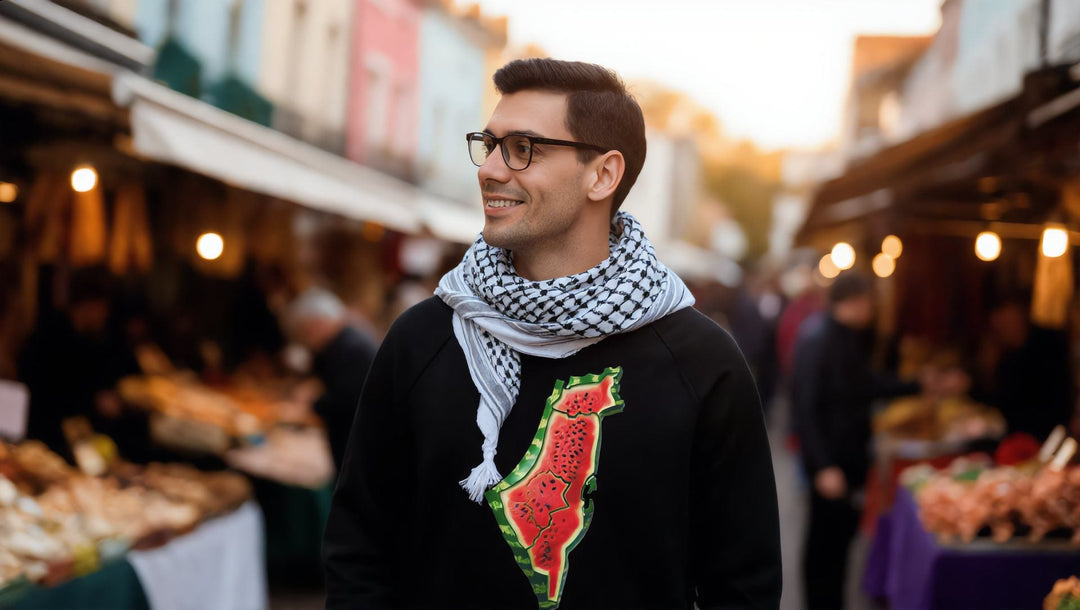 Man in a Palestine Watermelon sweatshirt and keffiyeh on Portobello Road, London