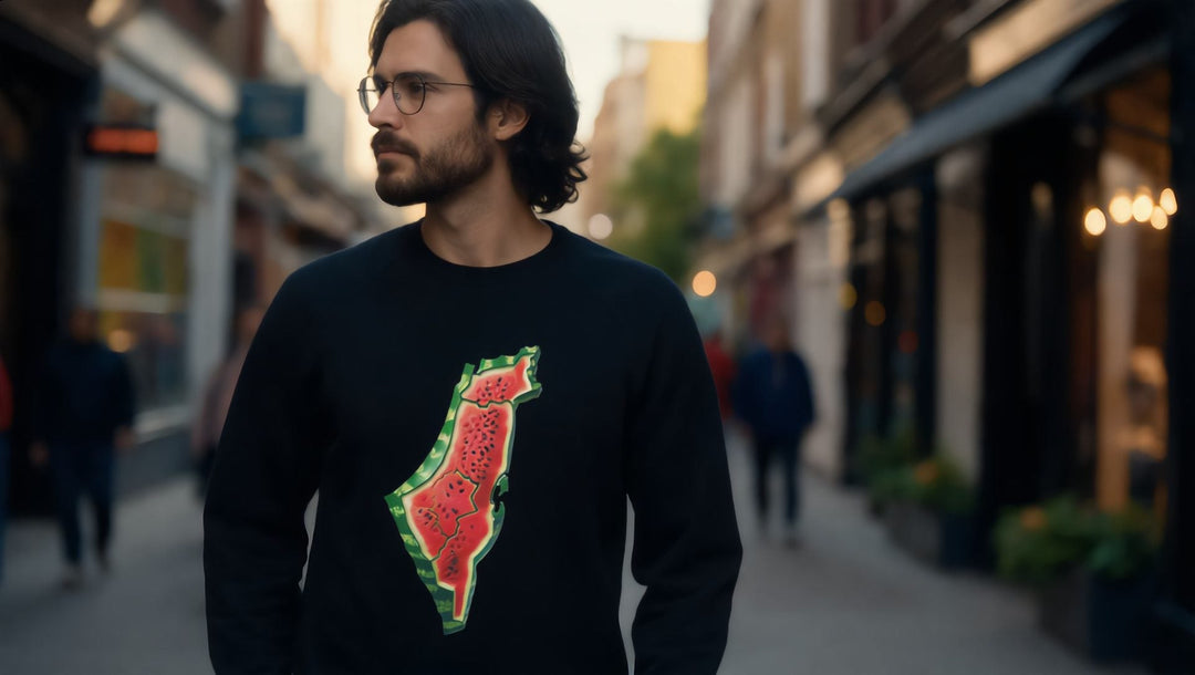 Man in a Palestine Watermelon sweatshirt on Tottenham Court Road, London