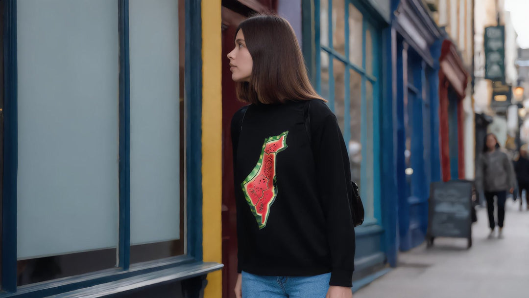 Woman in a Palestine Watermelon sweatshirt on Carnaby Street, London