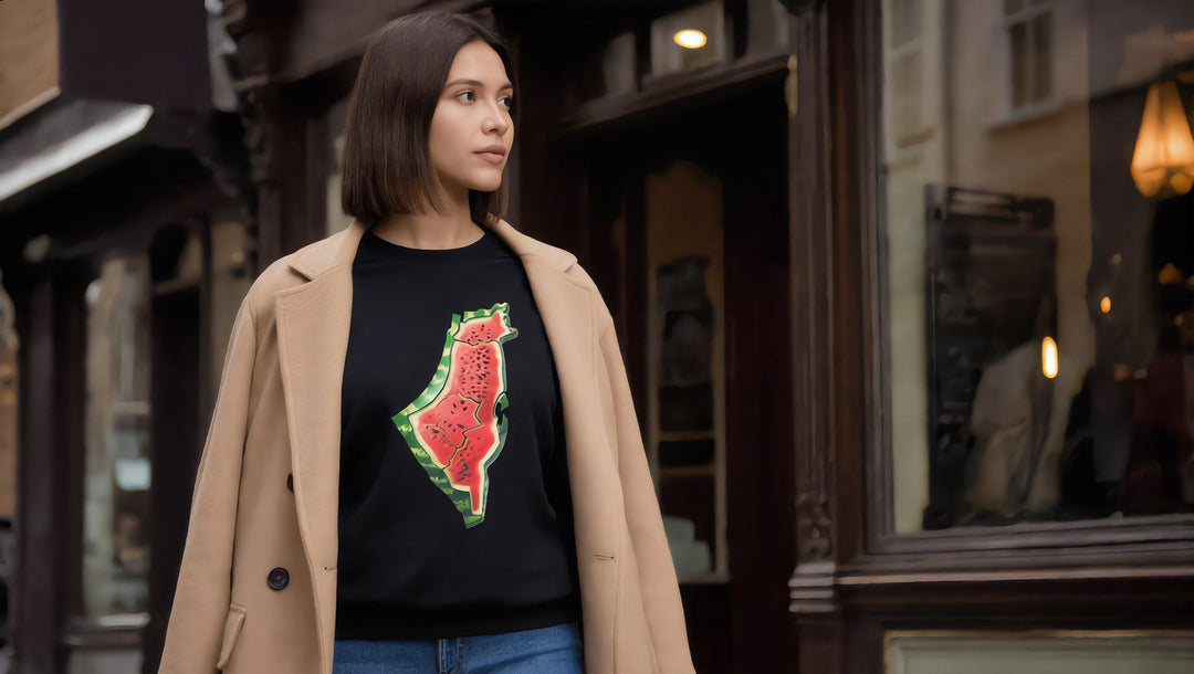 Woman in a Palestine Watermelon sweatshirt on Kensington Church Street, London