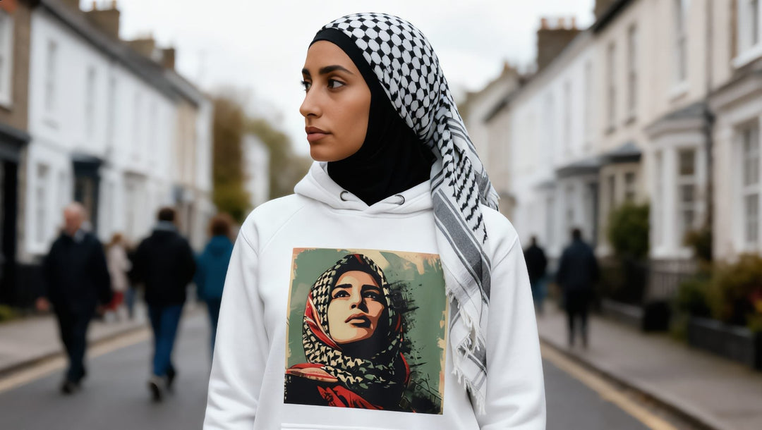 Woman in a white Palestine Hope poster-art hoodie on a street in Earls Court, London