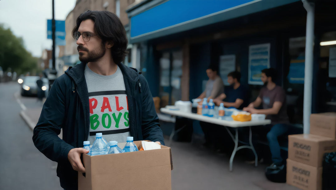 Man in a Palestinian Boys t-shirt carrying a box of water and supplies in Whitechapel, London